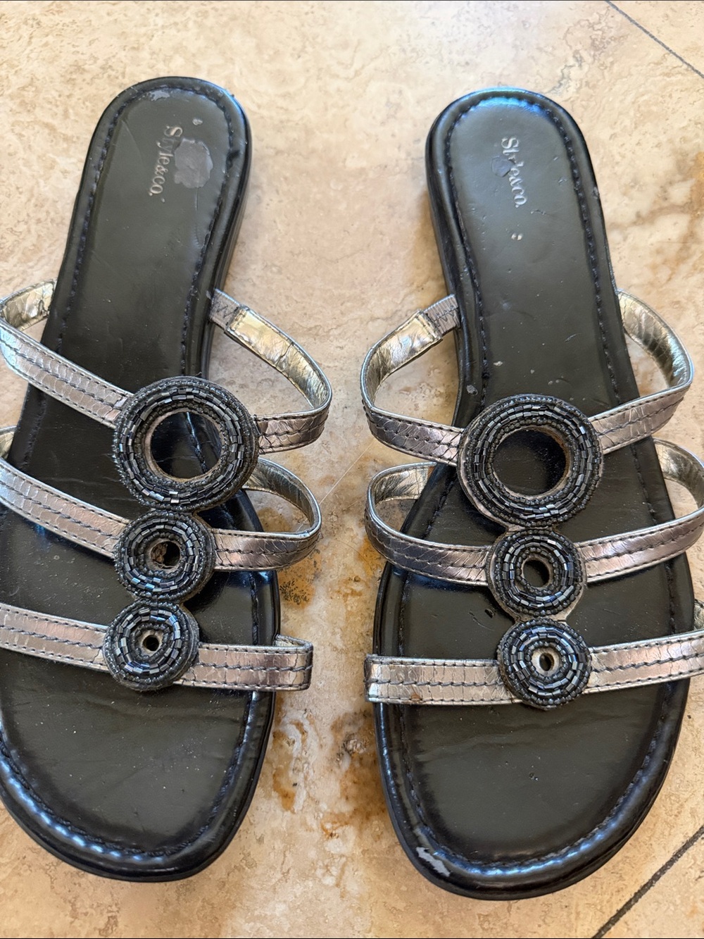 Silver Strappy Metallic Slide Sandals with Decorative Rings -